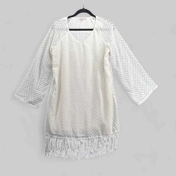 Anthropologie Dresses & Skirts - Skies Are Blue Dress Womens Size Small Cream Textured Boho Tassels Pom Pom Tunic